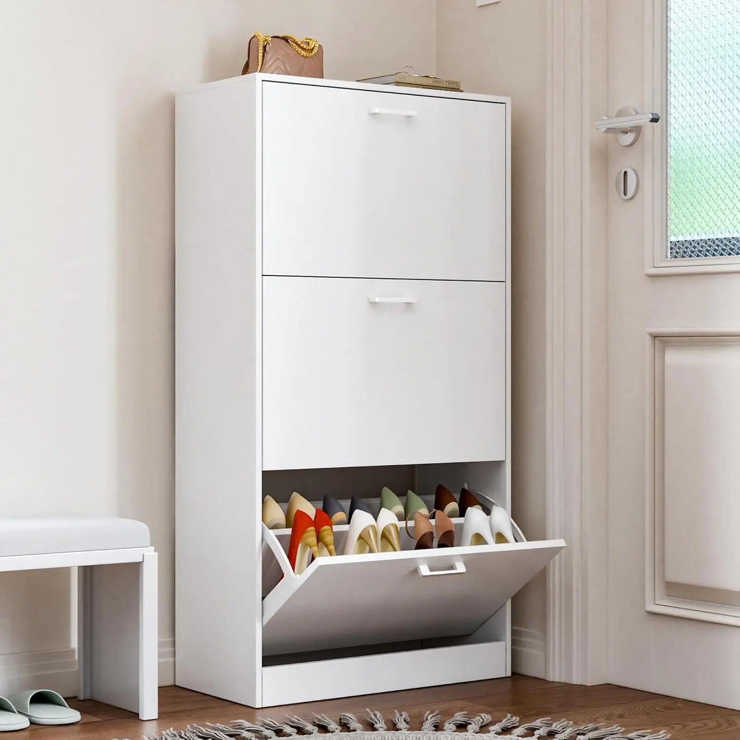 Shoe Cabinet with 3 Flip Drawers, Modern Narrow Freestanding Shoe Organizer with Large Capacity, Customized
Shoe Cabinet with 3 Flip Drawers, Modern Narrow Freestanding Shoe Organizer with Large Capacity, Customized