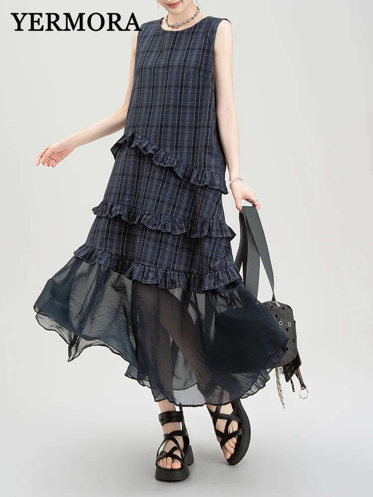 YERMORA Women Blue Plaid Spliced Mesh Casual Blouse For Women Round Sleeveless Loose Fashion Tide Spring Summer 2025 New
YERMORA Women Blue Plaid Spliced Mesh Casual Blouse For Women Round Sleeveless Loose Fashion Tide Spring Summer 2025 New