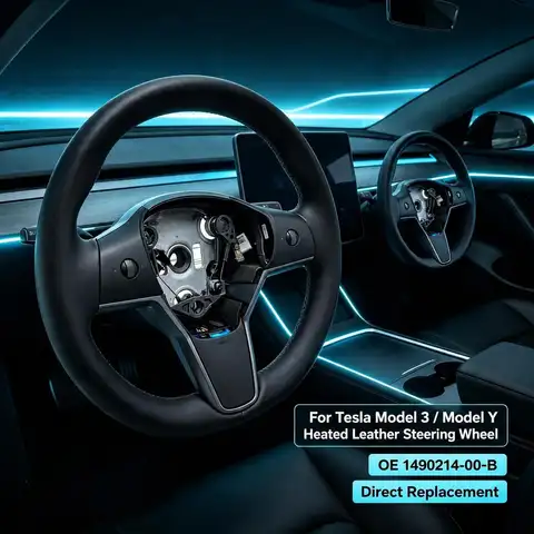 Heated Steering Wheel Fit For Tesla Model 3 Model Y Leather Steering Wheel Aluminum Alloy Frame OE 1490214-00-B