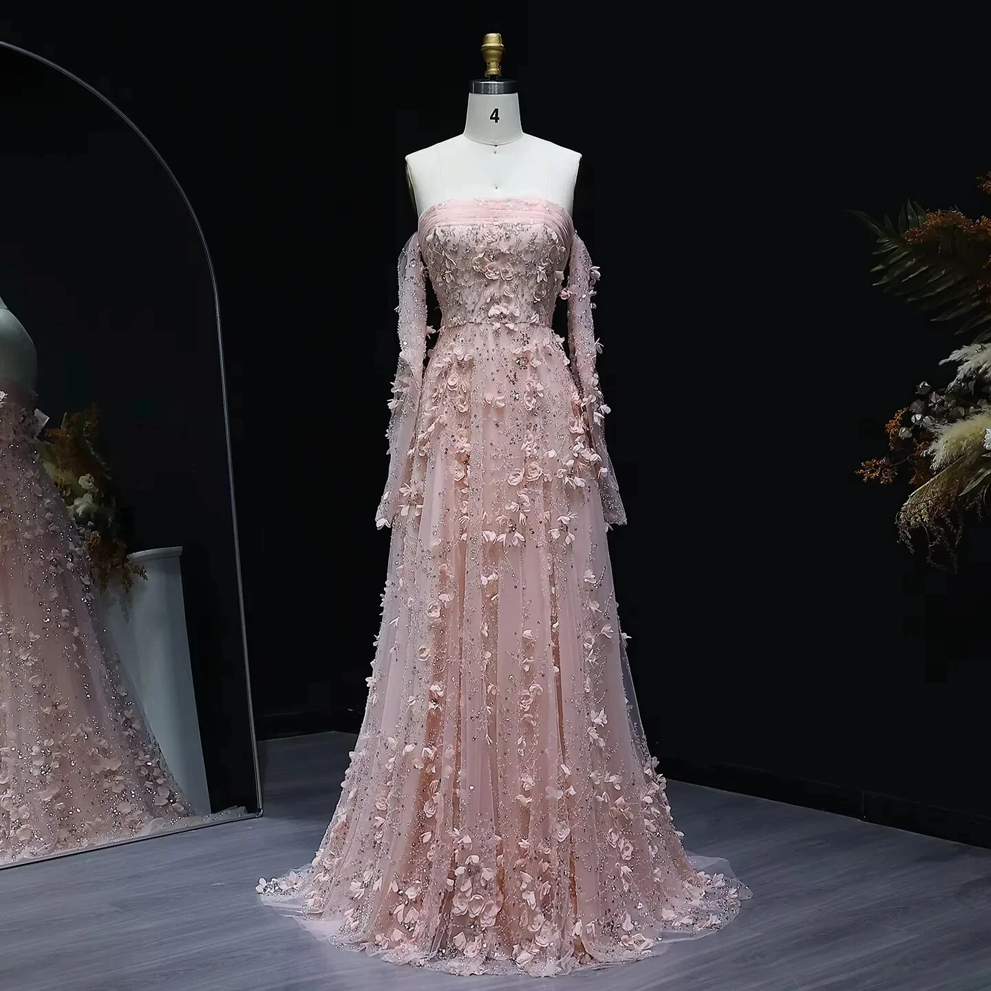 Elegant Blush Pink 3D Flowers Strapless Evening Dress with Long Sleeves Arabic Women Wedding Party Customized Prom Dress Luxury
Elegant Blush Pink 3D Flowers Strapless Evening Dress with Long Sleeves Arabic Women Wedding Party Customized Prom Dress Luxury