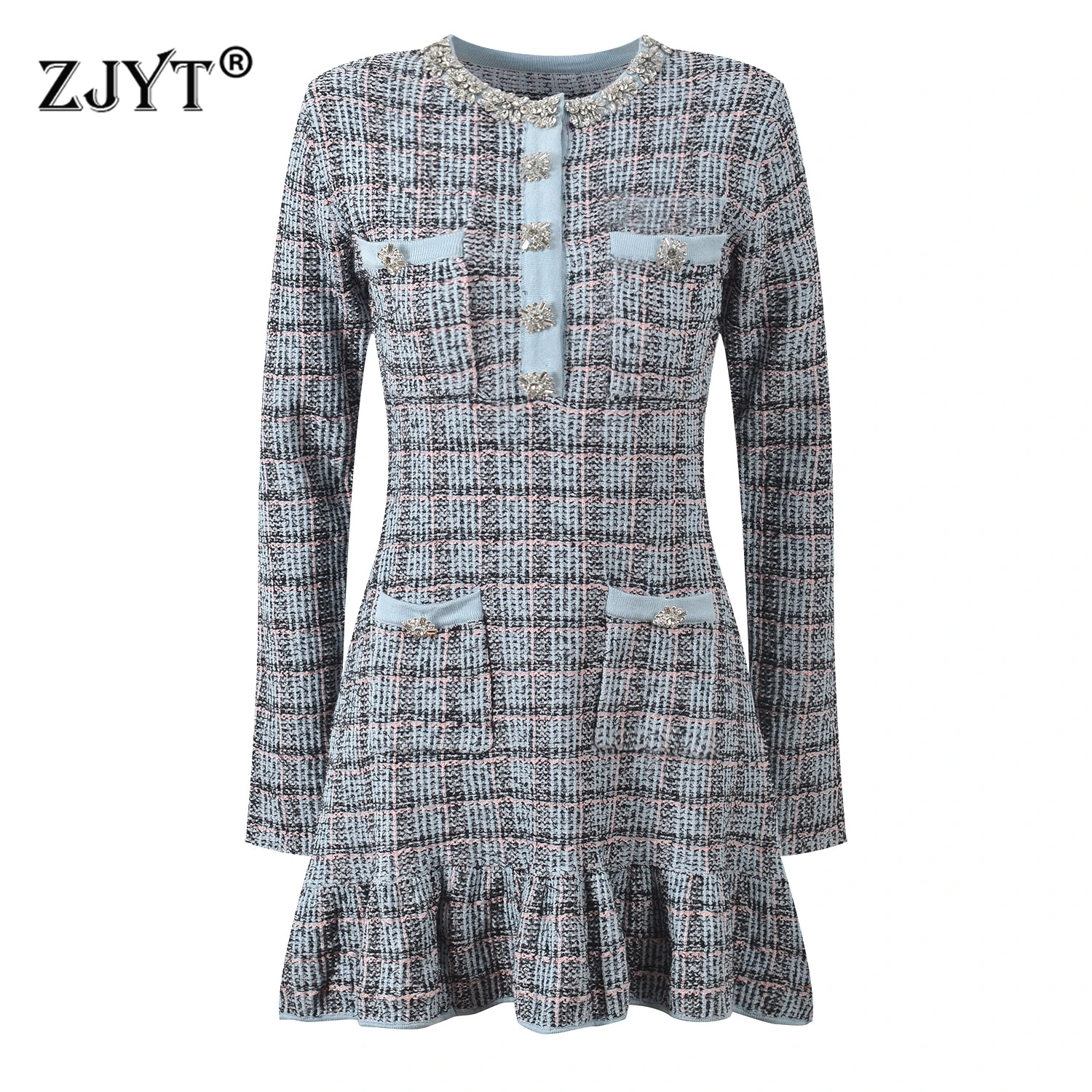 ZJYT Women Spring Plaid Knitted Sweater Dress Blue Long Sleeve Diamonds O Neck Casual Elegant Short Party Dresses Vestidos Lady
ZJYT Women Spring Plaid Knitted Sweater Dress Blue Long Sleeve Diamonds O Neck Casual Elegant Short Party Dresses Vestidos Lady