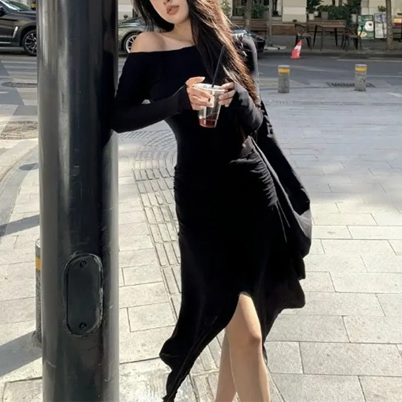 Female Clothing Irregular Dresses French Style Slash Neck Spring Autumn New Stylish Off Shoulder Elegant Solid Color Midi Dress 
Female Clothing Irregular Dresses French Style Slash Neck Spring Autumn New Stylish Off Shoulder Elegant Solid Color Midi Dress