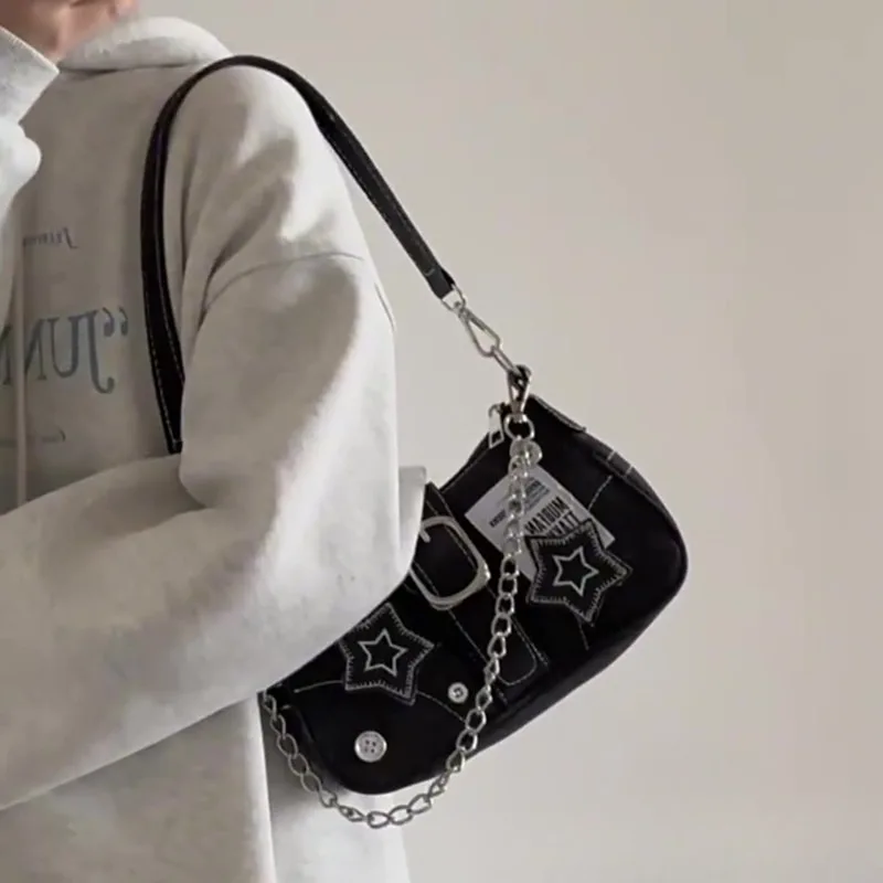 Fashionable trendy niche design embroidered canvas handbag shoulder bag y2k millennium star denim underarm bag with button decor
Fashionable trendy niche design embroidered canvas handbag shoulder bag y2k millennium star denim underarm bag with button decor