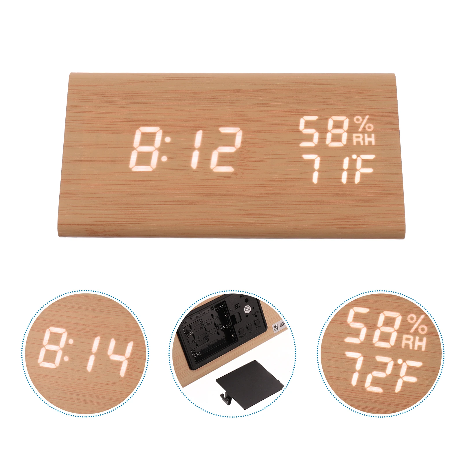 Wooden LED Alarm Clock Temperature Humidity Digital Display Brightness Control USB Sound Activated Desk Clock Home Office Decor
Wooden LED Alarm Clock Temperature Humidity Digital Display Brightness Control USB Sound Activated Desk Clock Home Office Decor