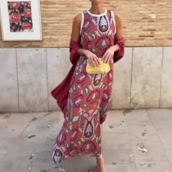 Two Piece Sets Women Dress Set Print Round Neck Sleeveless Long Dresses Dress Sets Coats Cape Y2k Streetwear Elegant Splice 
Two Piece Sets Women Dress Set Print Round Neck Sleeveless Long Dresses Dress Sets Coats Cape Y2k Streetwear Elegant Splice