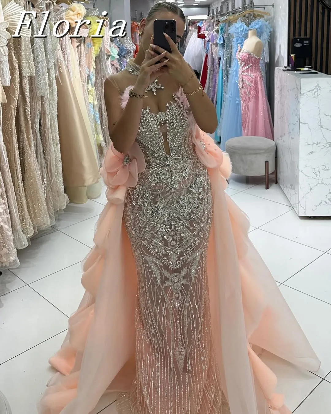 Two Pieces Rhinestone Formal Evening Dress With Flora Ruched Overskirt Lace Bride Party Gowns Robe Soirée Female Customized 
Two Pieces Rhinestone Formal Evening Dress With Flora Ruched Overskirt Lace Bride Party Gowns Robe Soirée Female Customized