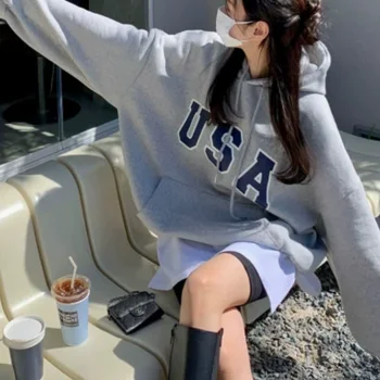 한국어 양털 안감 후드 티셔츠 여성 스타일 겨울 새로운 트렌디 브랜드 편지 루즈 피트 풀오버 두꺼운 자켓 탑