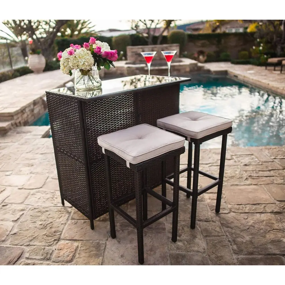 3-Piece Brown Wicker Outdoor Bar Set with Glass Table and Cushioned Stools for Patio, Backyard, Porch, or Garden
3-Piece Brown Wicker Outdoor Bar Set with Glass Table and Cushioned Stools for Patio, Backyard, Porch, or Garden