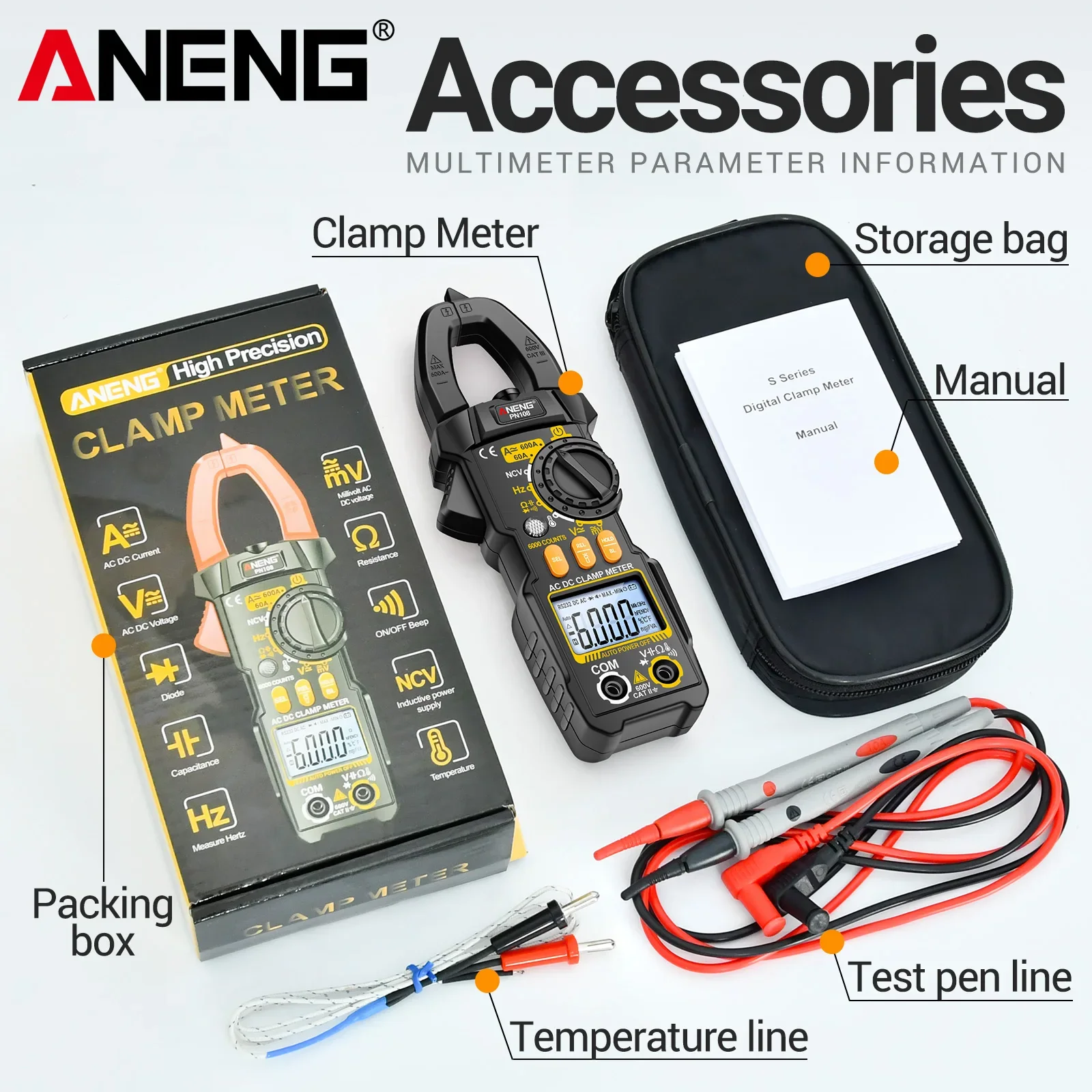 ANENG PN108 clamp meter 6000 counting AC/DC voltage current resistance capacitance frequency temperature NCV electrical meter
ANENG PN108 clamp meter 6000 counting AC/DC voltage current resistance capacitance frequency temperature NCV electrical meter