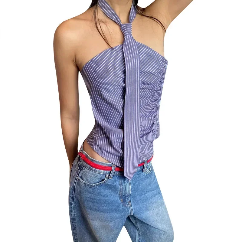 Sexy Open-Back Slimming Halter Neck Summer Strapless Blue Irregular Stripe Tie Vest Polyester Fiber Blend Decoration Back Strap 
Sexy Open-Back Slimming Halter Neck Summer Strapless Blue Irregular Stripe Tie Vest Polyester Fiber Blend Decoration Back Strap