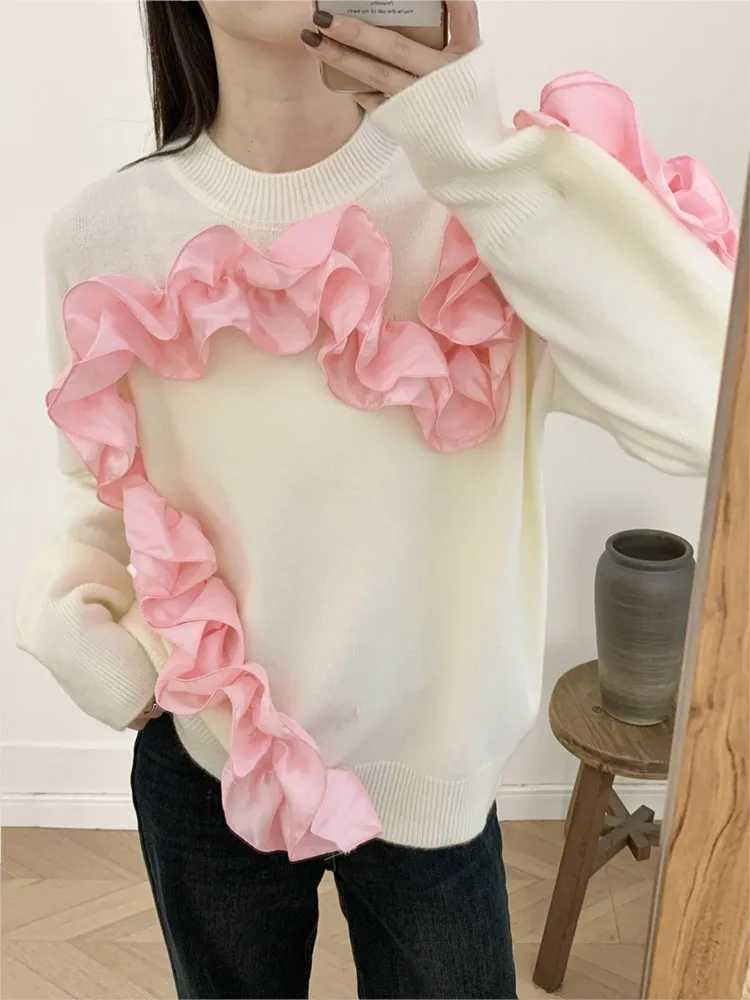 New Chic 3D Flower Ruffle Women Sweater Round Neck Loose Sweet Autumn Pullovers Fashion Beige Knitting Winter Top Woman 2024
New Chic 3D Flower Ruffle Women Sweater Round Neck Loose Sweet Autumn Pullovers Fashion Beige Knitting Winter Top Woman 2024