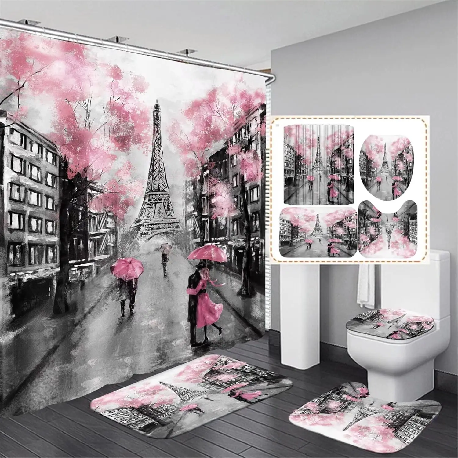 Paris Eiffel Tower Shower Curtain Set with Non-Slip Rugs, U-Shaped Mat, Toilet Lid Cover, and 12 Hooks for Bathroom Decor
Paris Eiffel Tower Shower Curtain Set with Non-Slip Rugs, U-Shaped Mat, Toilet Lid Cover, and 12 Hooks for Bathroom Decor