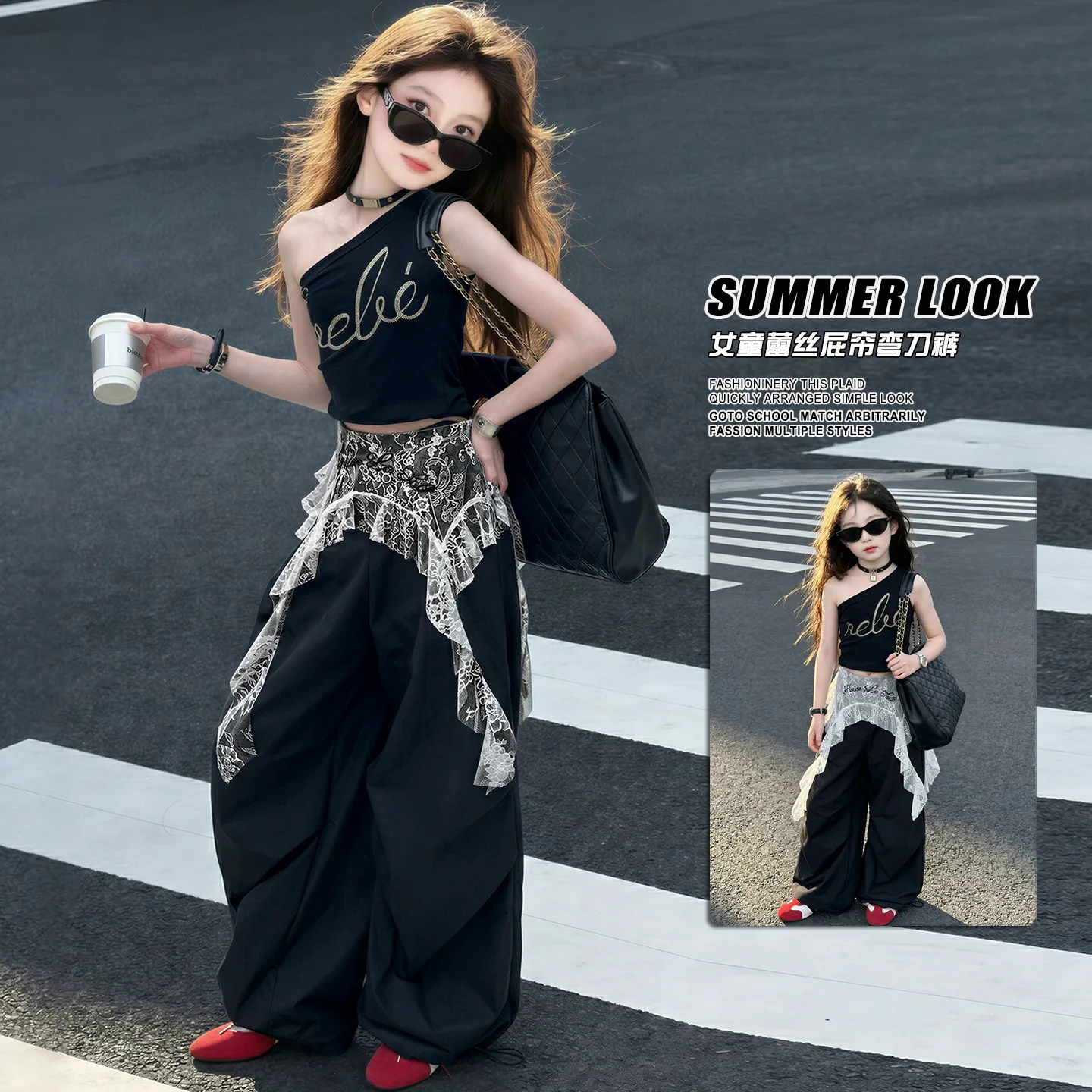 Kid Girls Dance Costume Set K-POP Idol Hip Hop Y2K single shoulder strap Bustier Top Lace Waist Wrap wide-leg Wide Pants outfits
Kid Girls Dance Costume Set K-POP Idol Hip Hop Y2K single shoulder strap Bustier Top Lace Waist Wrap wide-leg Wide Pants outfits