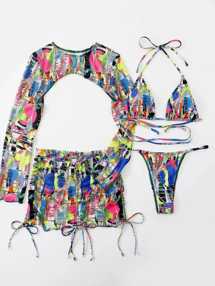 Vibrant Abstract Print 3-Piece Beach Set: Triangle Top, Thong Bottom, and Sheer Cover-Up Skirt
Vibrant Abstract Print 3-Piece Beach Set: Triangle Top, Thong Bottom, and Sheer Cover-Up Skirt