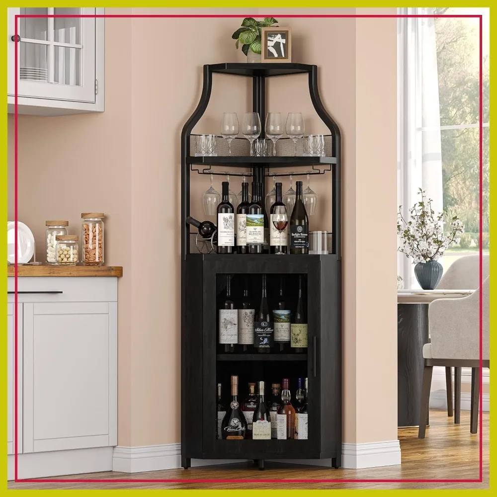 Corner Wine Cabinet with Detachable Rack, 5-Tier Industrial Bar Cabinet with Barn Door and Glass Holder, Black
Corner Wine Cabinet with Detachable Rack, 5-Tier Industrial Bar Cabinet with Barn Door and Glass Holder, Black