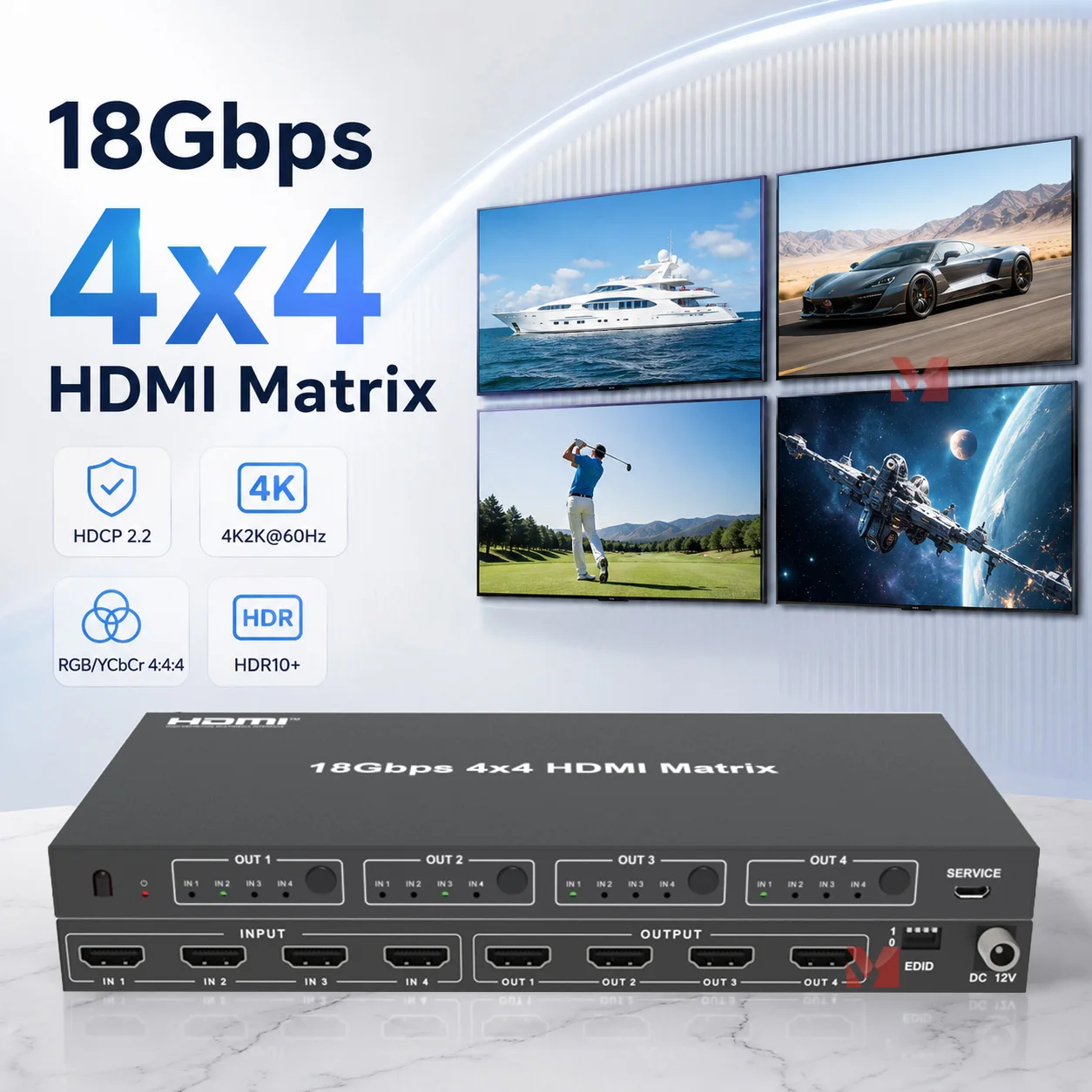 4x4 HDMI-compatible Matrix Switch 18Gbps Supports 4K@60Hz HDR10/Dolby Vision HDCP 2.2 Switcher Downscaler
4x4 HDMI-compatible Matrix Switch 18Gbps Supports 4K@60Hz HDR10/Dolby Vision HDCP 2.2 Switcher Downscaler