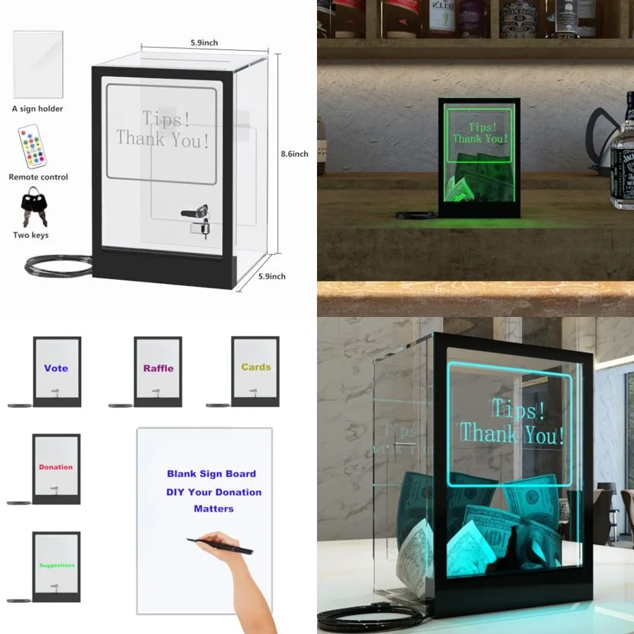 Tip Jar with 2 Sign Holders, LED Light and Lock for Bar and Party, Donation Box with Sign Holder ''Tips! Thank You!'', Suggesti
Tip Jar with 2 Sign Holders, LED Light and Lock for Bar and Party, Donation Box with Sign Holder ''Tips! Thank You!'', Suggesti