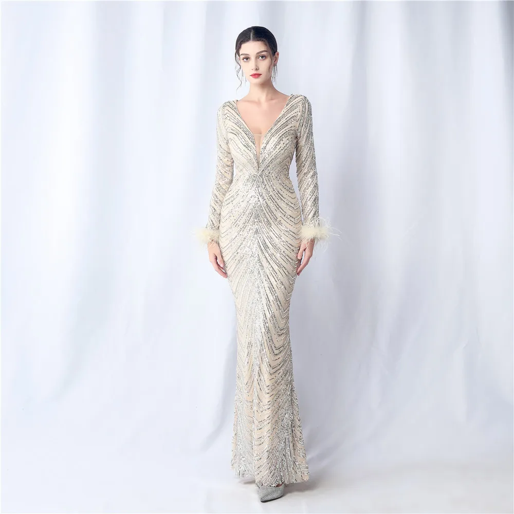 Fashionable Ostrich Feathers Long Sleeved Evening Dress Sequin Ankle Length Prom Dress For Special Occasions Stylish
Fashionable Ostrich Feathers Long Sleeved Evening Dress Sequin Ankle Length Prom Dress For Special Occasions Stylish
