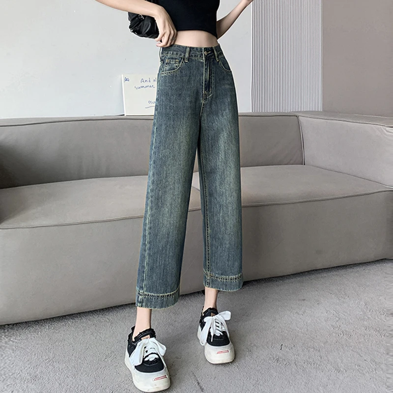 Retro Deep Blue Denim High Waist Wide Leg Straight Cut Women's Jeans Slimming Nine Point Long Trousers Spring Fashion
Retro Deep Blue Denim High Waist Wide Leg Straight Cut Women's Jeans Slimming Nine Point Long Trousers Spring Fashion