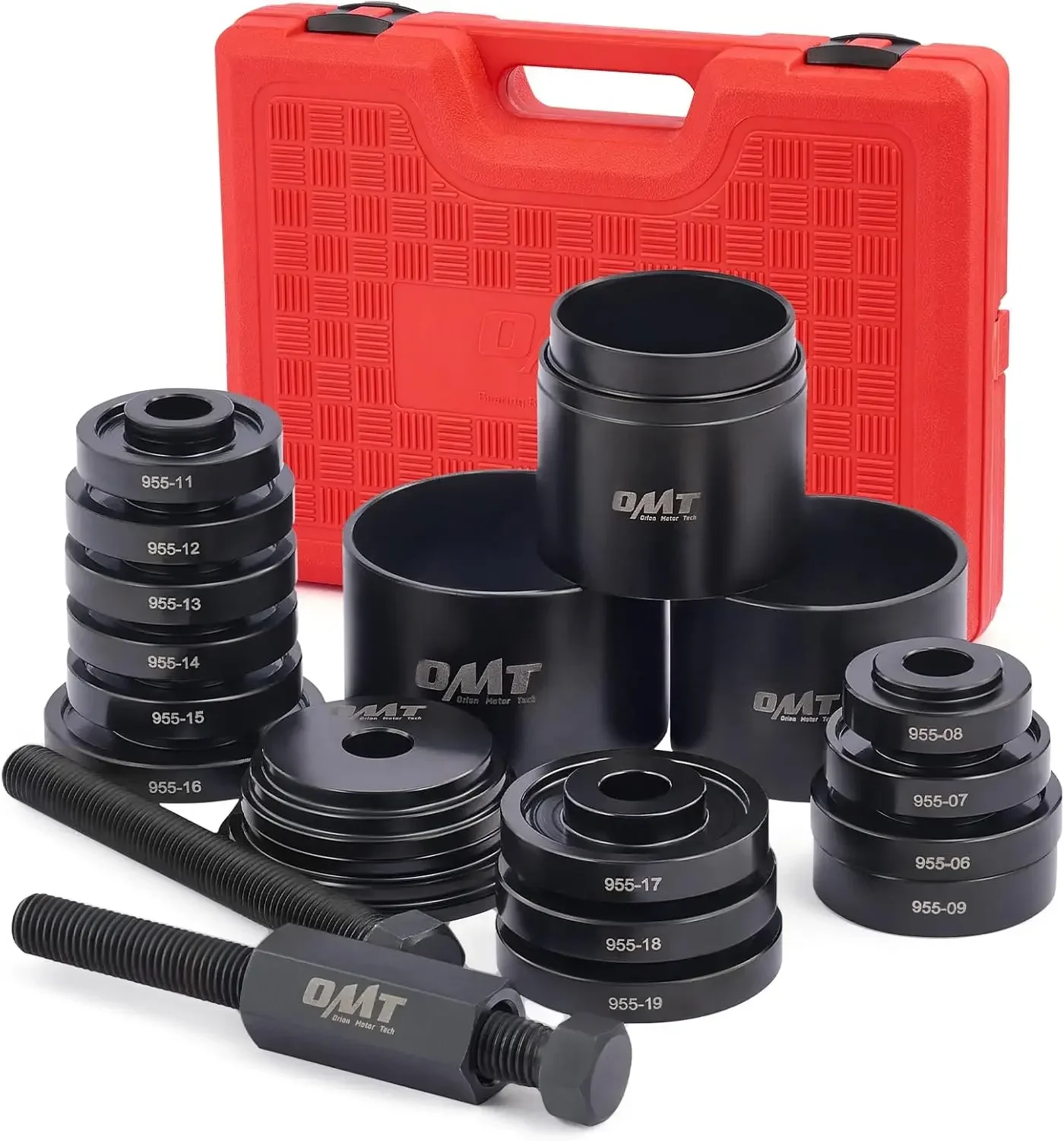 24pc front wheel bearing press kit with sliding screws, universal bushings & storage case.
24pc front wheel bearing press kit with sliding screws, universal bushings & storage case.