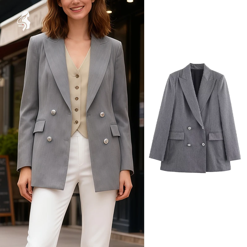2025 новый стиль, осенний женский модный серый двубортный пиджак, элегантный универсальный подходит для офиса и повседневной одежды Trafizaran
2025 новый стиль, осенний женский модный серый двубортный пиджак, элегантный универсальный подходит для офиса и повседневной одежды Trafizaran