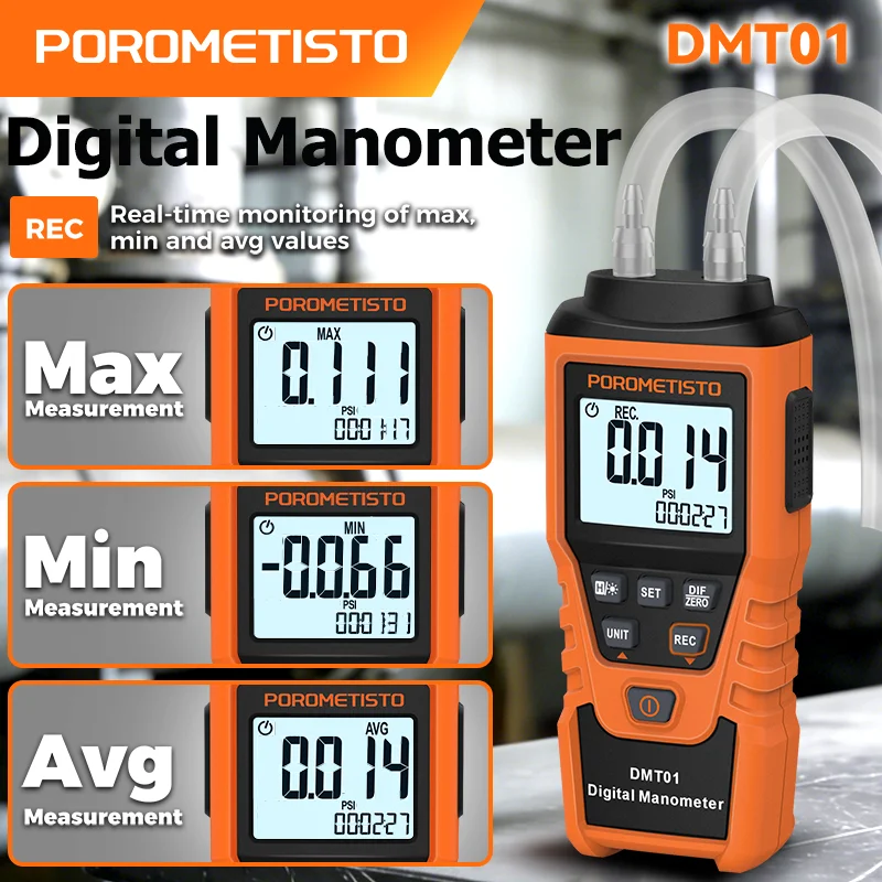 DMT01 Digital Manometer Max/Min/Avg High Accuracy Pressure Gauge Differential Pressure 12 Units Switching LCD Air Pressure Meter
DMT01 Digital Manometer Max/Min/Avg High Accuracy Pressure Gauge Differential Pressure 12 Units Switching LCD Air Pressure Meter