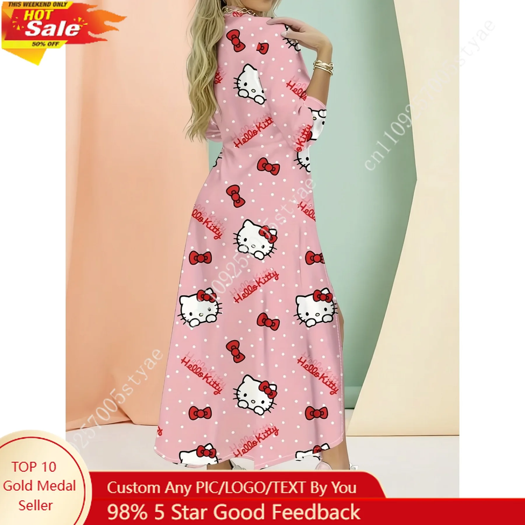 Hello Kitty Pink Polka Dot Print 3/4 Sleeve Split Maxi Dress for Women
Hello Kitty Pink Polka Dot Print 3/4 Sleeve Split Maxi Dress for Women