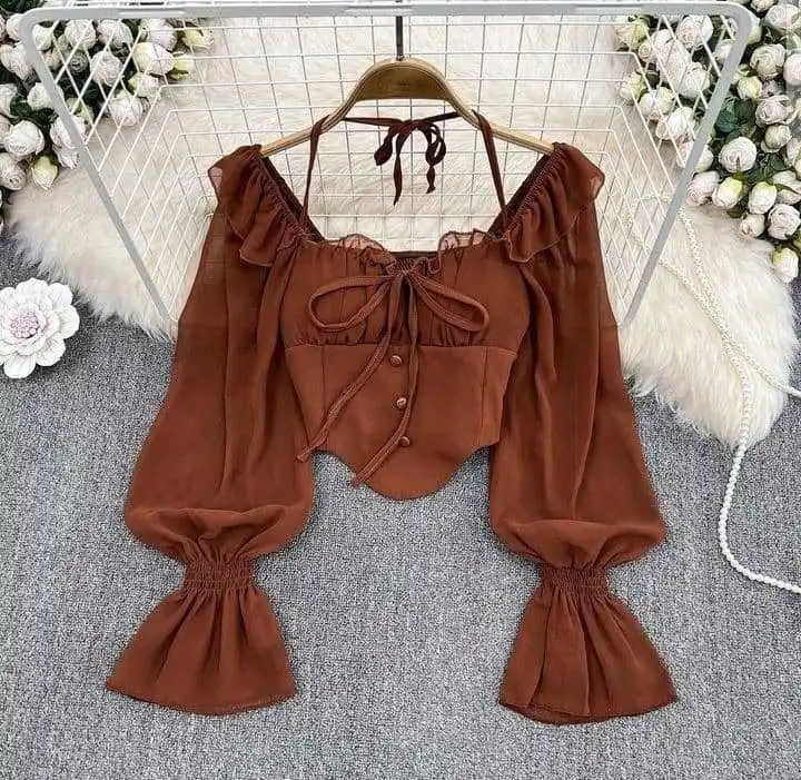 Pure Style Off the Off the Shoulder Hanging Neck Flare Sleeve Shirt Women's Western Style Slim Fit Irregular Short Shirt
Pure Style Off the Off the Shoulder Hanging Neck Flare Sleeve Shirt Women's Western Style Slim Fit Irregular Short Shirt
