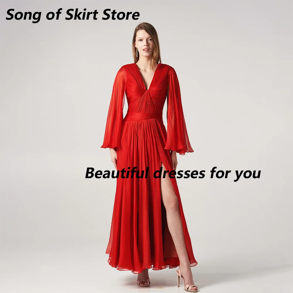 Red Evening Dress Customized V-Neck Long Sleeves Pleat Chiffon Ankle Length A Line Arabian Party Gown Prom Dresses 2025
Red Evening Dress Customized V-Neck Long Sleeves Pleat Chiffon Ankle Length A Line Arabian Party Gown Prom Dresses 2025