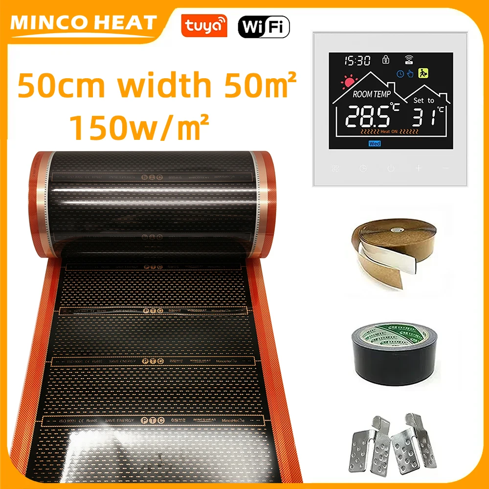 Minco Heat 150w/m2 50cm Width 50㎡ New Orange Save Energy Infrared Graphene PTC Underfloor Heating Film and Installation Kits
Minco Heat 150w/m2 50cm Width 50㎡ New Orange Save Energy Infrared Graphene PTC Underfloor Heating Film and Installation Kits