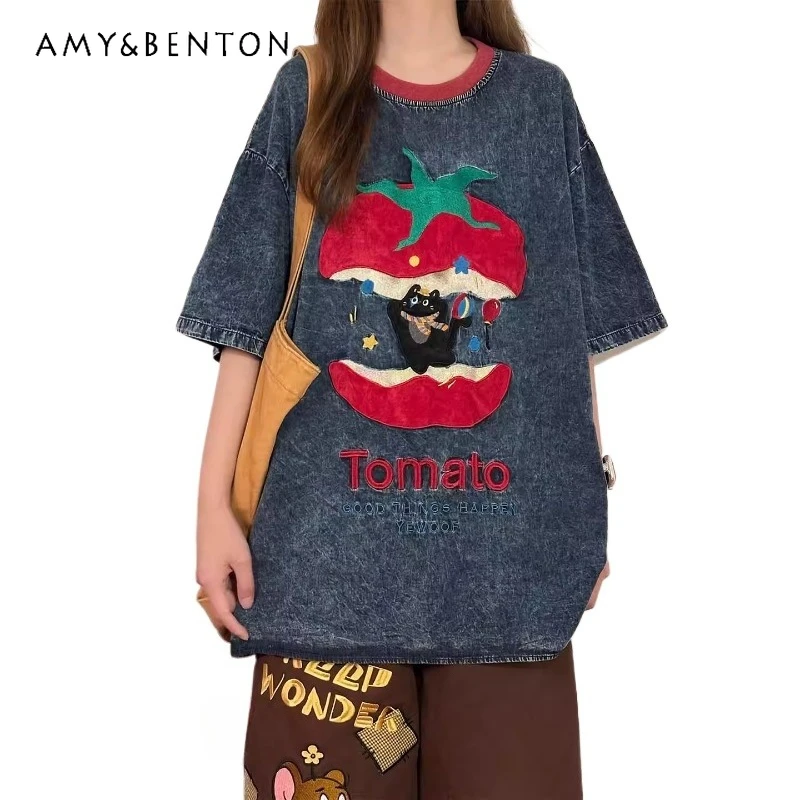American Retro Original Summer New Tees Japanese Fun Cat Embroidered Denim Short-sleeved T-shirt Women's Loose Thin Top Pullover
American Retro Original Summer New Tees Japanese Fun Cat Embroidered Denim Short-sleeved T-shirt Women's Loose Thin Top Pullover
