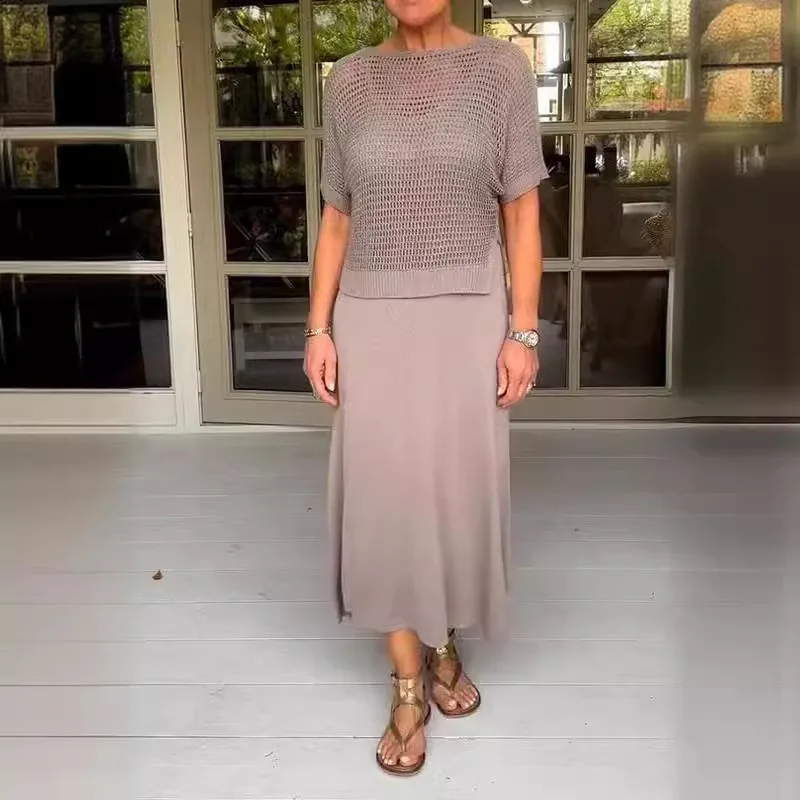 Casual Dress Two Piece Set Loose O-neck Short Sleeve Hollow Knit Pullover Fashion Solid Color Sleeveless Vest Long Dress Set
Casual Dress Two Piece Set Loose O-neck Short Sleeve Hollow Knit Pullover Fashion Solid Color Sleeveless Vest Long Dress Set