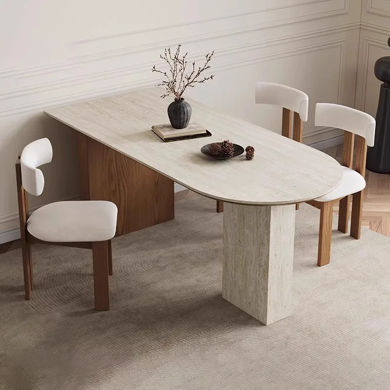 Medieval French retro solid wood dining table travertine rock slab small apartment designer creative semi-oval island diningtab
Medieval French retro solid wood dining table travertine rock slab small apartment designer creative semi-oval island diningtab