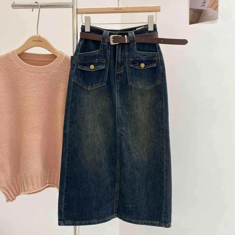 Женские джинсовые юбки с двойными карманами, осенние винтажные модные полуюбки трапециевидной формы с высокой талией и прямыми штанинами, универсальная женская одежда
Женские джинсовые юбки с двойными карманами, осенние винтажные модные полуюбки трапециевидной формы с высокой талией и прямыми штанинами, универсальная женская одежда