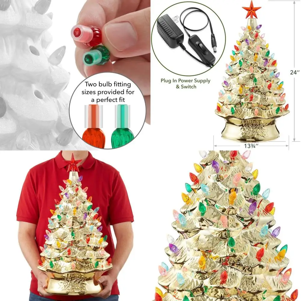 24-Inch Handcrafted Gold Ceramic Christmas Tree with 148 LED Multicolor Lights and Dual Star Toppers
24-Inch Handcrafted Gold Ceramic Christmas Tree with 148 LED Multicolor Lights and Dual Star Toppers