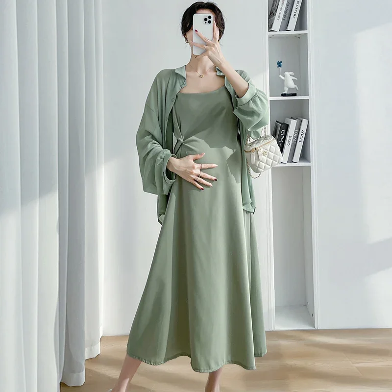 Summer Fashion Chiffon Shirts+Strap Dress Maternity Twinset Pregnant Woman Dress with Cape Green Pregnancy Summer Clothes Set
Summer Fashion Chiffon Shirts+Strap Dress Maternity Twinset Pregnant Woman Dress with Cape Green Pregnancy Summer Clothes Set