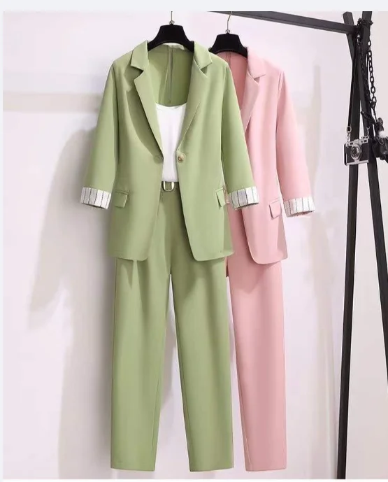 Korean Women Leisure Solid Thin Seven Points Sleeve Three Piece Set Women Blazers And Pant Set Female Outfit Loose Suit
Korean Women Leisure Solid Thin Seven Points Sleeve Three Piece Set Women Blazers And Pant Set Female Outfit Loose Suit