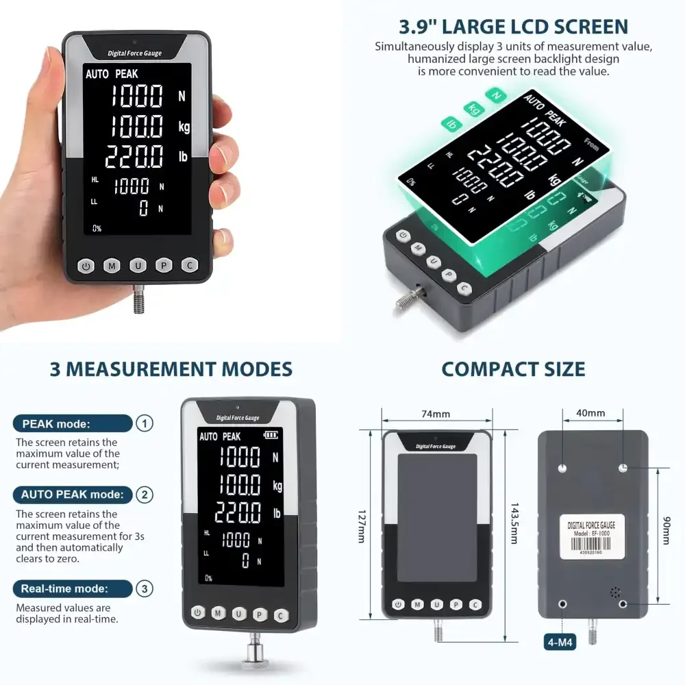 DF-1000N Handheld Digital Force Gauge 1000N USB Output 3.9\" Large Screen N/Kg/Lb Units Calibration Certificate for Lab
DF-1000N Handheld Digital Force Gauge 1000N USB Output 3.9\" Large Screen N/Kg/Lb Units Calibration Certificate for Lab