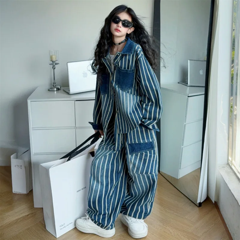Teenager Girls 2pcs Striped Denim Outfits with Cardigan Shirt And Wide-Leg Pants Stylish Spring Autumn Kids Clothing Set
Teenager Girls 2pcs Striped Denim Outfits with Cardigan Shirt And Wide-Leg Pants Stylish Spring Autumn Kids Clothing Set