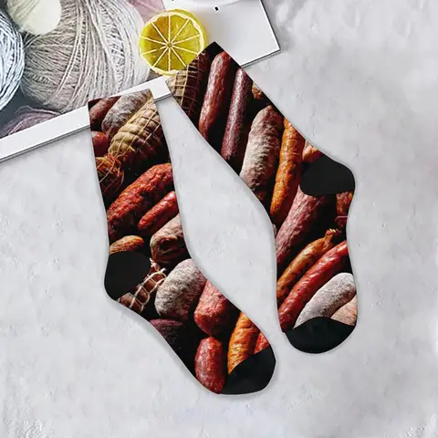 Harajuku Retro Fun Smoked Meat Print Men's Socks - Novel Street Hip Hop Trend Food Style Casual Socks Party Holiday Gift