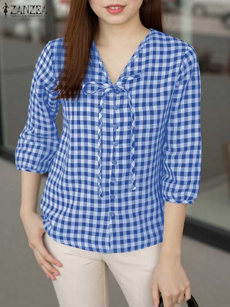 ZANZEA Elegant OL Shirts Women Lace-Up Plaid Tunic Casual Office V Neck Blouses 2025 Female 3/4 Sleeve Loose Printing Blusas
ZANZEA Elegant OL Shirts Women Lace-Up Plaid Tunic Casual Office V Neck Blouses 2025 Female 3/4 Sleeve Loose Printing Blusas