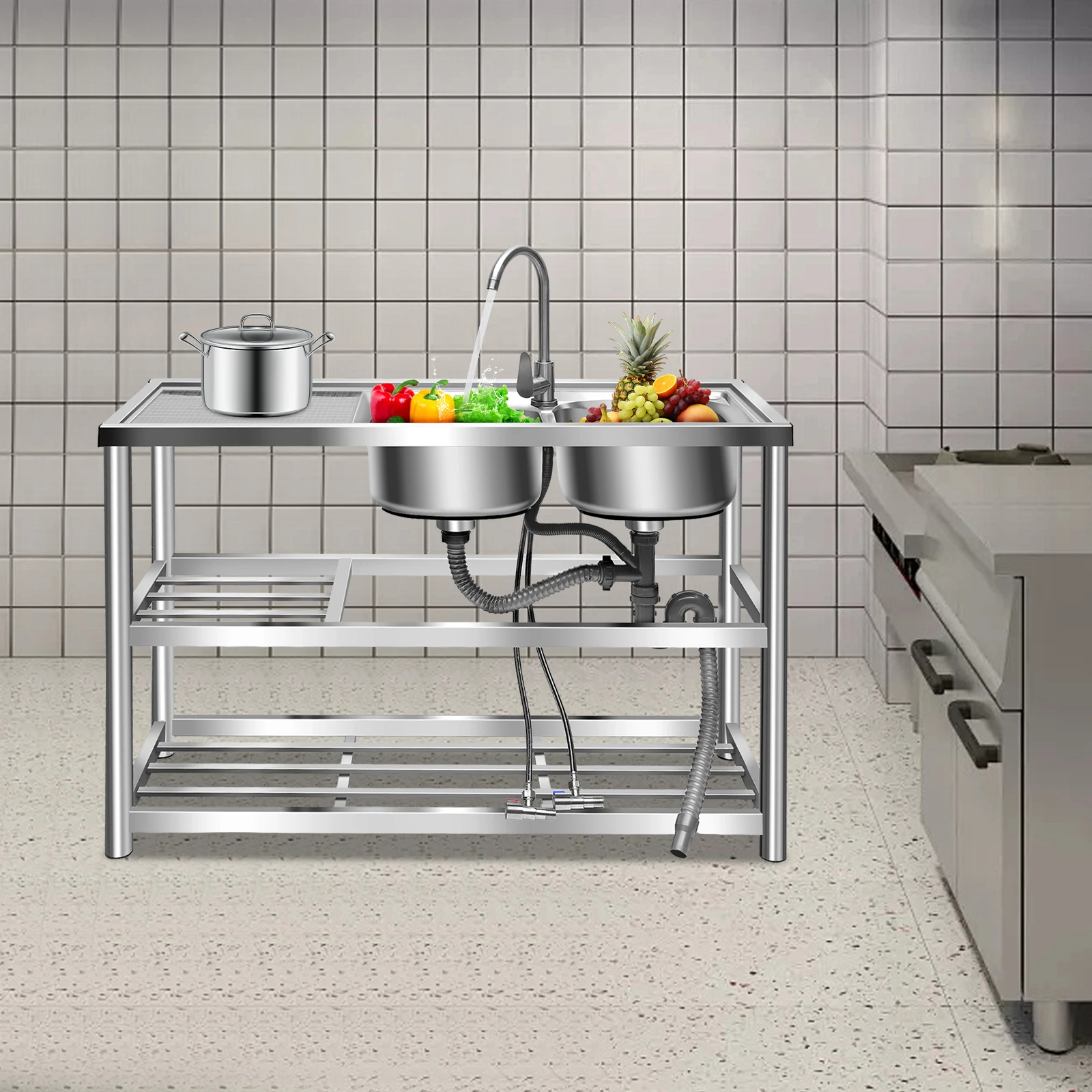 Профессиональный стол из нержавеющей стали с раковиной и смесителем, 3-уровневый коммерческий кухонный рабочий стол с двойной раковиной для ресторана 
Профессиональный стол из нержавеющей стали с раковиной и смесителем, 3-уровневый коммерческий кухонный рабочий стол с двойной раковиной для ресторана