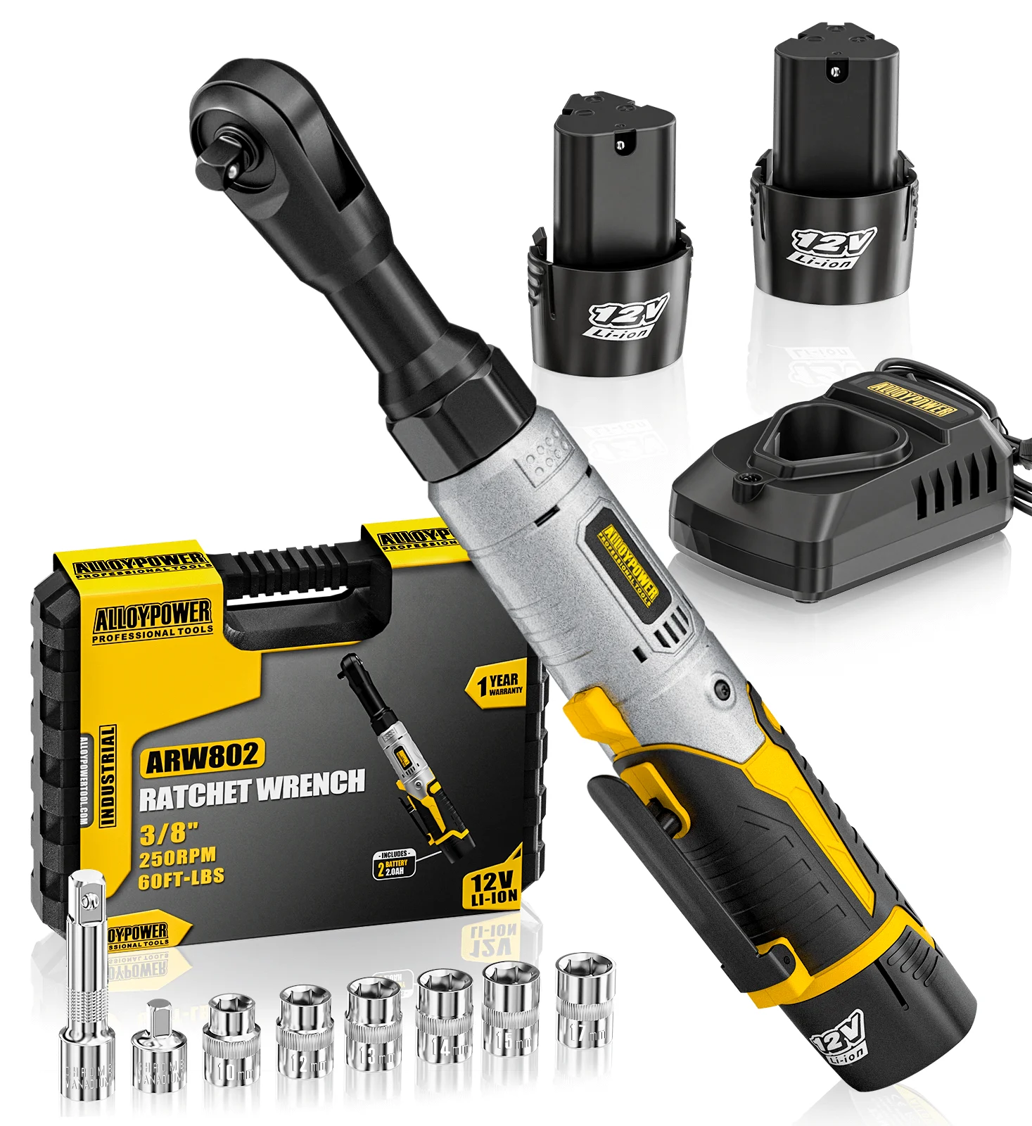 3/8" Cordless Ratchet Wrench Set, 60FT-LBS(80N.m) Electric Ratchet, 12V Extended Power Socket Wrench Set with Variable Speed, 6 Sockets, LED Light, 1/4" Adapter,1/2" Adapter,2 Batteries
3/8" Cordless Ratchet Wrench Set, 60FT-LBS(80N.m) Electric Ratchet, 12V Extended Power Socket Wrench Set with Variable Speed, 6 Sockets, LED Light, 1/4" Adapter,1/2" Adapter,2 Batteries