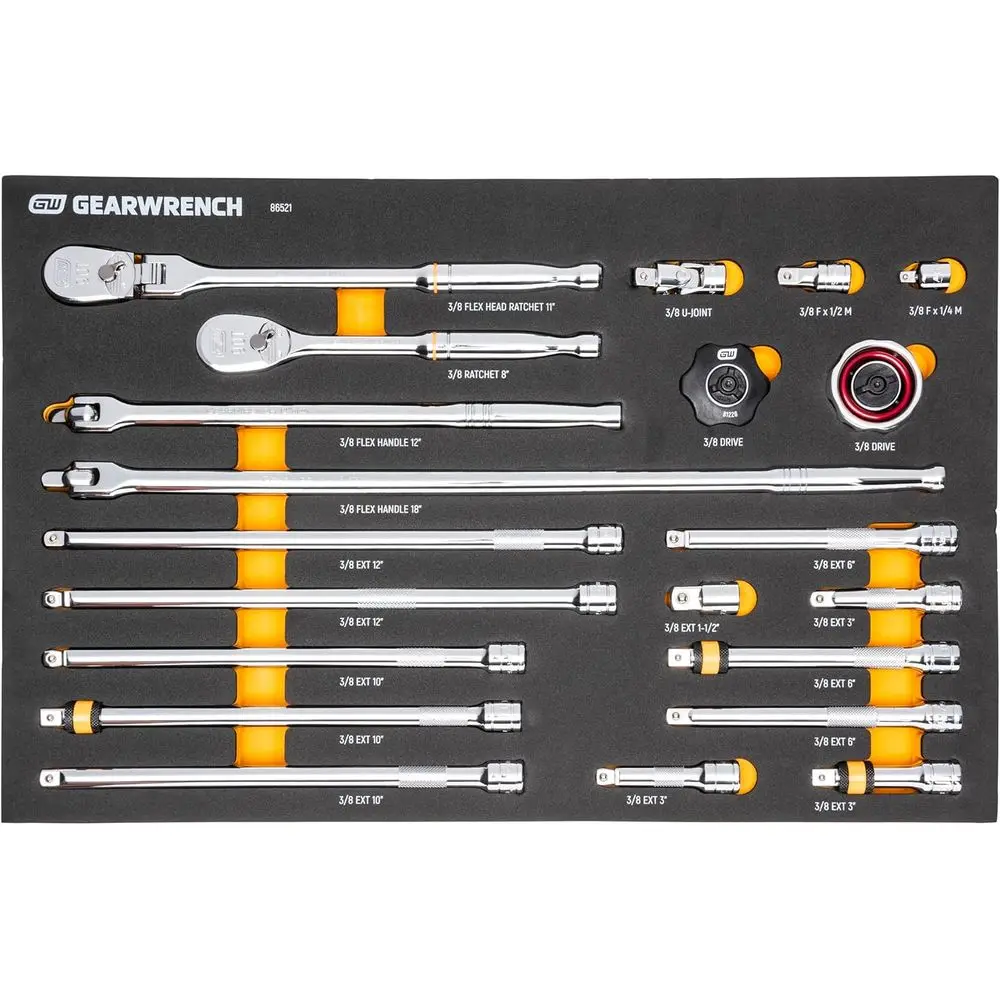 3/8 90T Ratchet & 21-Piece Drive Tool Set with EVA Foam Tray
3/8 90T Ratchet & 21-Piece Drive Tool Set with EVA Foam Tray