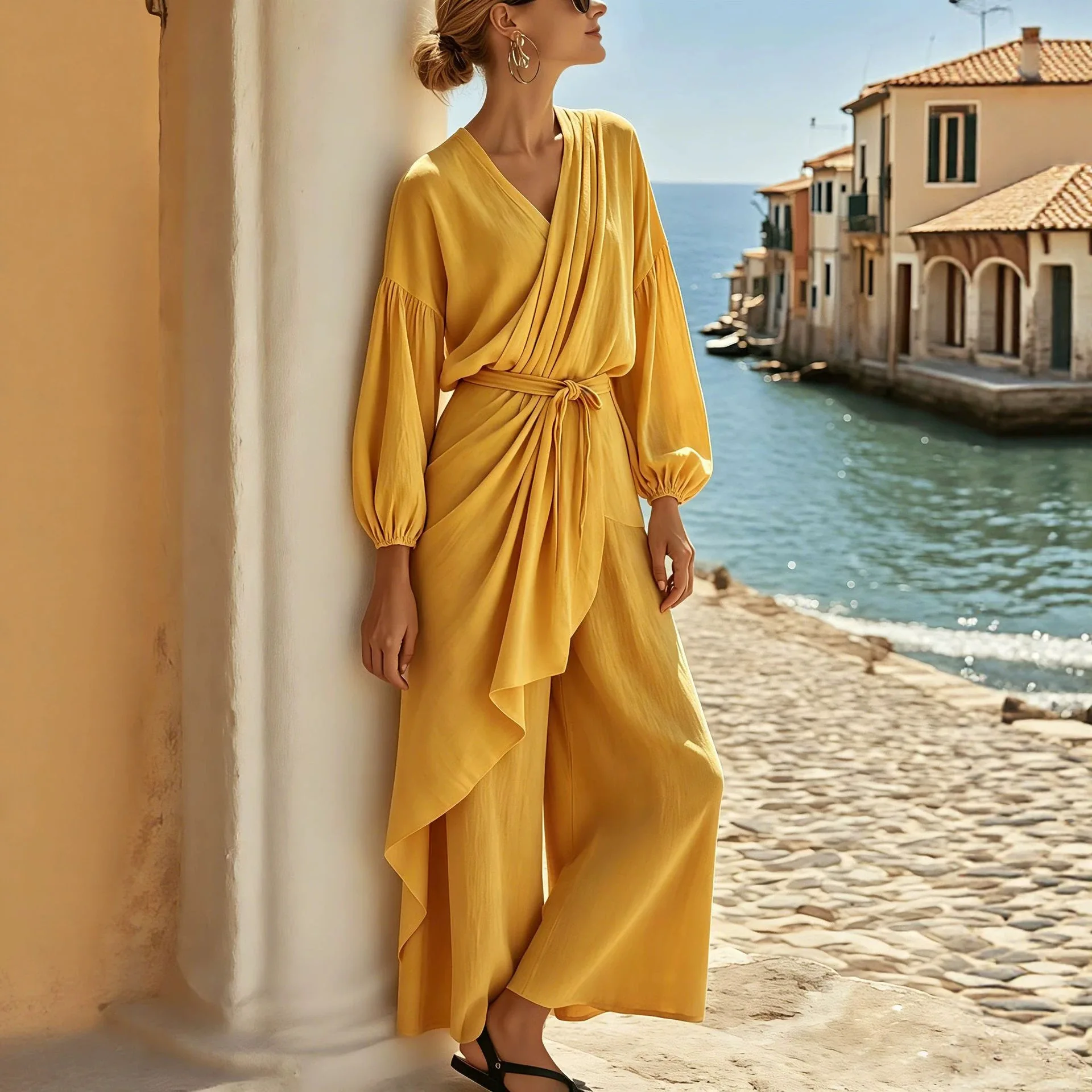 Women jumpsuit V Neck Lantern Sleeve Wrap Irregular Blazer High Waist Wide Leg Pants Elegant Vacation Matching Suit
Women jumpsuit V Neck Lantern Sleeve Wrap Irregular Blazer High Waist Wide Leg Pants Elegant Vacation Matching Suit