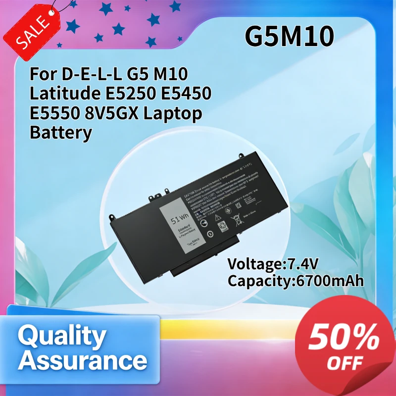 6700mAh Compatible with D-E-L-L G5 M10 Latitude E5250 E5450 E5550 8V5GX Laptop Battery
6700mAh Compatible with D-E-L-L G5 M10 Latitude E5250 E5450 E5550 8V5GX Laptop Battery