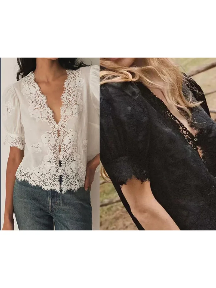 American Design Summer Fashionable Lace Trim V-neck Bubble Sleeve Single Button Shirt Elegant Chic Cotton Linen Blend Blouse
American Design Summer Fashionable Lace Trim V-neck Bubble Sleeve Single Button Shirt Elegant Chic Cotton Linen Blend Blouse