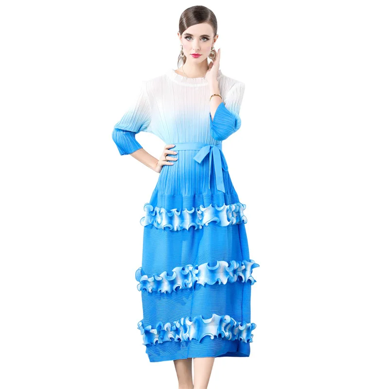 Women Long Sleeve Spliced Ruffles Edge Bud Loose Dresses 2025 Autumn Miyake Elegant Gradient Color Belt Pleated Party Clothing
Women Long Sleeve Spliced Ruffles Edge Bud Loose Dresses 2025 Autumn Miyake Elegant Gradient Color Belt Pleated Party Clothing