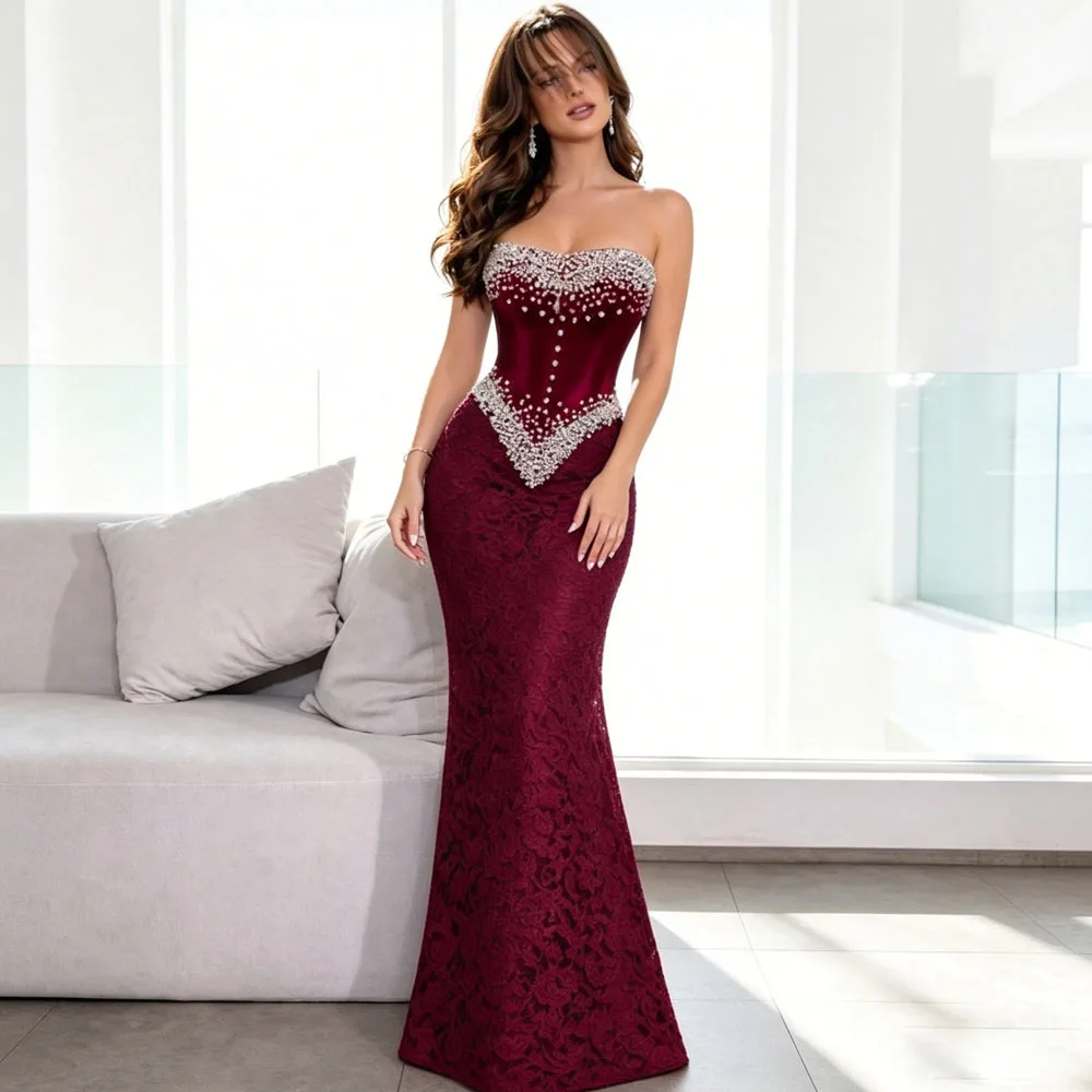 Customized Luxury Beaded Crystal Lace Evening Dress Burgundy Strapless Mermaid Prom Gown 2026 Dropped Waist Wedding Party Dress
Customized Luxury Beaded Crystal Lace Evening Dress Burgundy Strapless Mermaid Prom Gown 2026 Dropped Waist Wedding Party Dress
