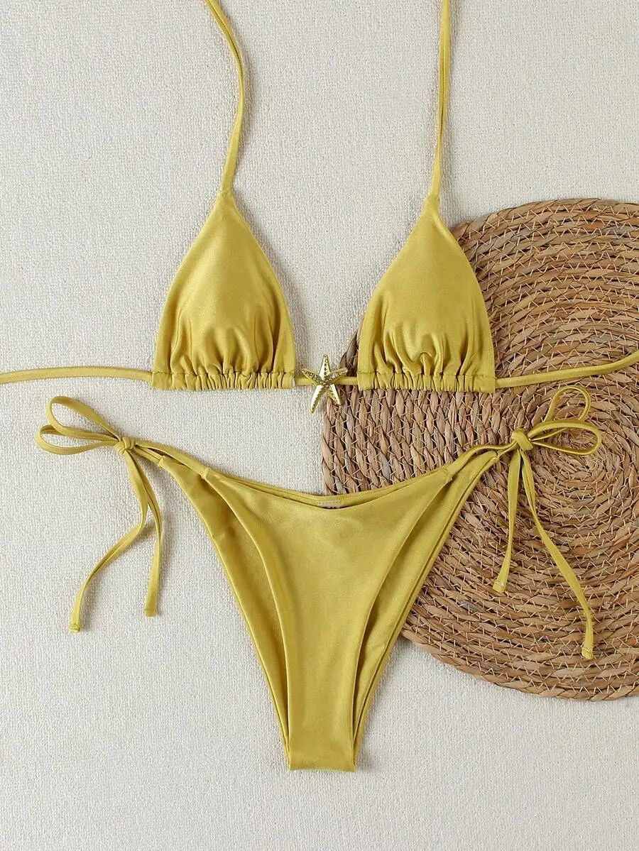 Mustard Yellow Triangle Bikini Set With Gold Starfish Center Detail, Adjustable Tie Sides, Soft Stretch Quick-Dry Fabric For
Mustard Yellow Triangle Bikini Set With Gold Starfish Center Detail, Adjustable Tie Sides, Soft Stretch Quick-Dry Fabric For